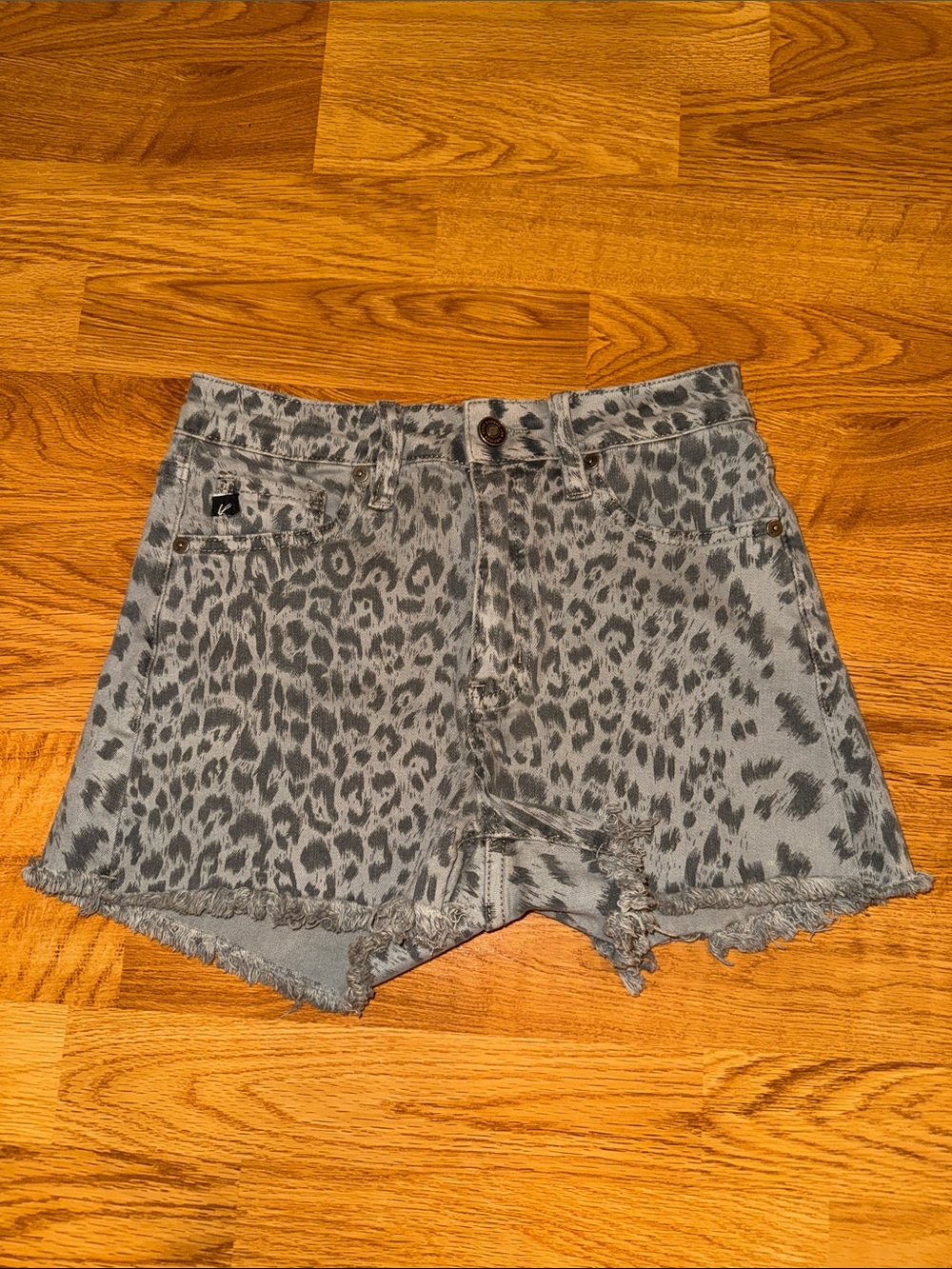 Fashion Nova KanCan Gray Leopard Cheetah Print Frayed Hem Denim Shorts